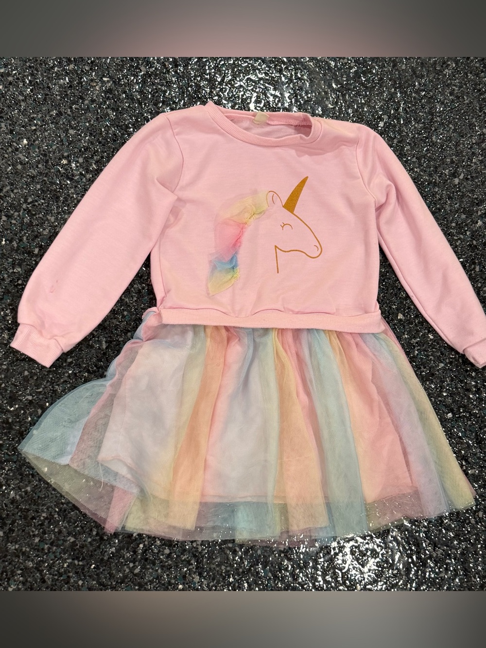 Girls Pink Unicorn Long Sleeve Top Rainbow Tulle Skirt Dress Size 120 4-5T